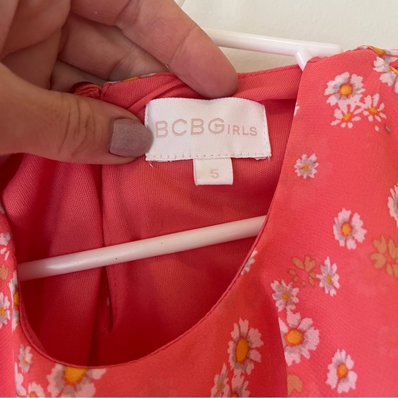 BCBG Girls Floral Ruffle Dress Size 5 Coral Daisy Sleeveless High Low Hem - Picture 8 of 13